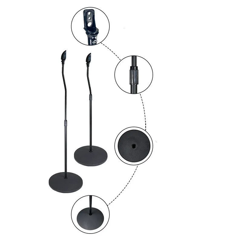 Black and white speaker stand bracket for mounting satellite bookshelf speakers.