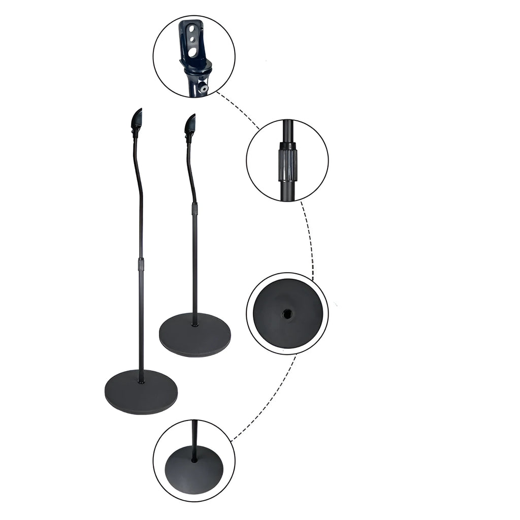 Black and white speaker stand bracket for mounting satellite bookshelf speakers.