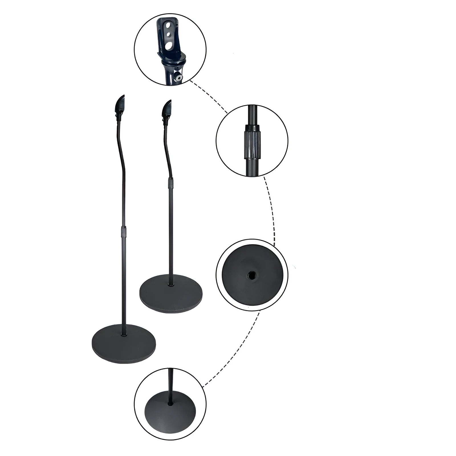 Black and white speaker stand bracket for mounting satellite bookshelf speakers.