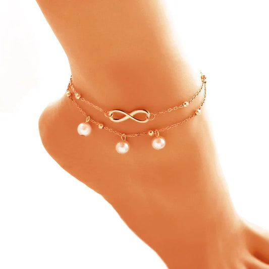 Women's alloy anklet with unique 8-shaped double-layer pearls in gold and silver options
