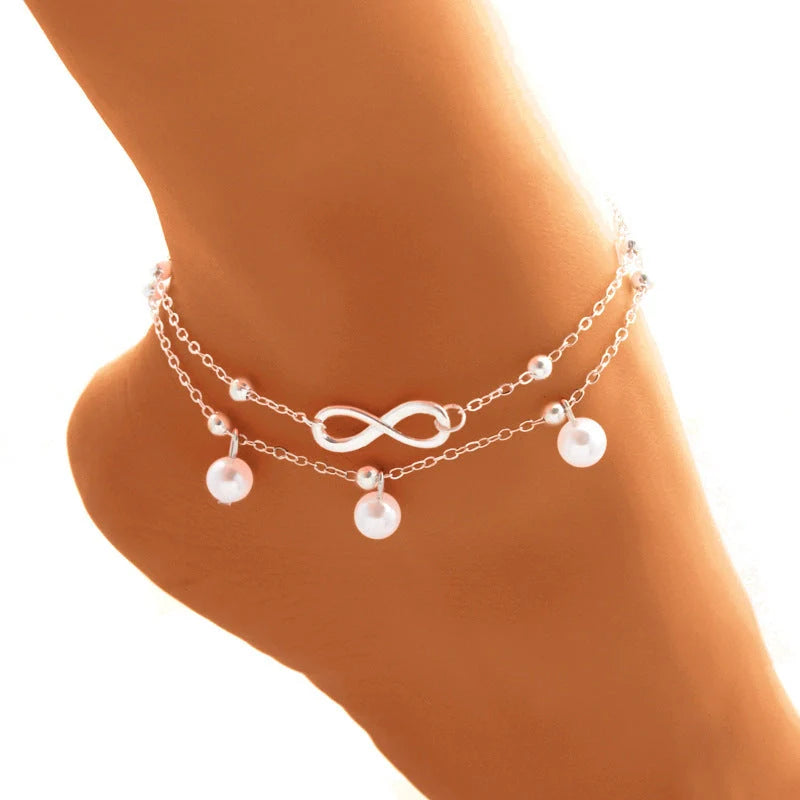 Women's alloy anklet with unique 8-shaped double-layer pearls in gold and silver options