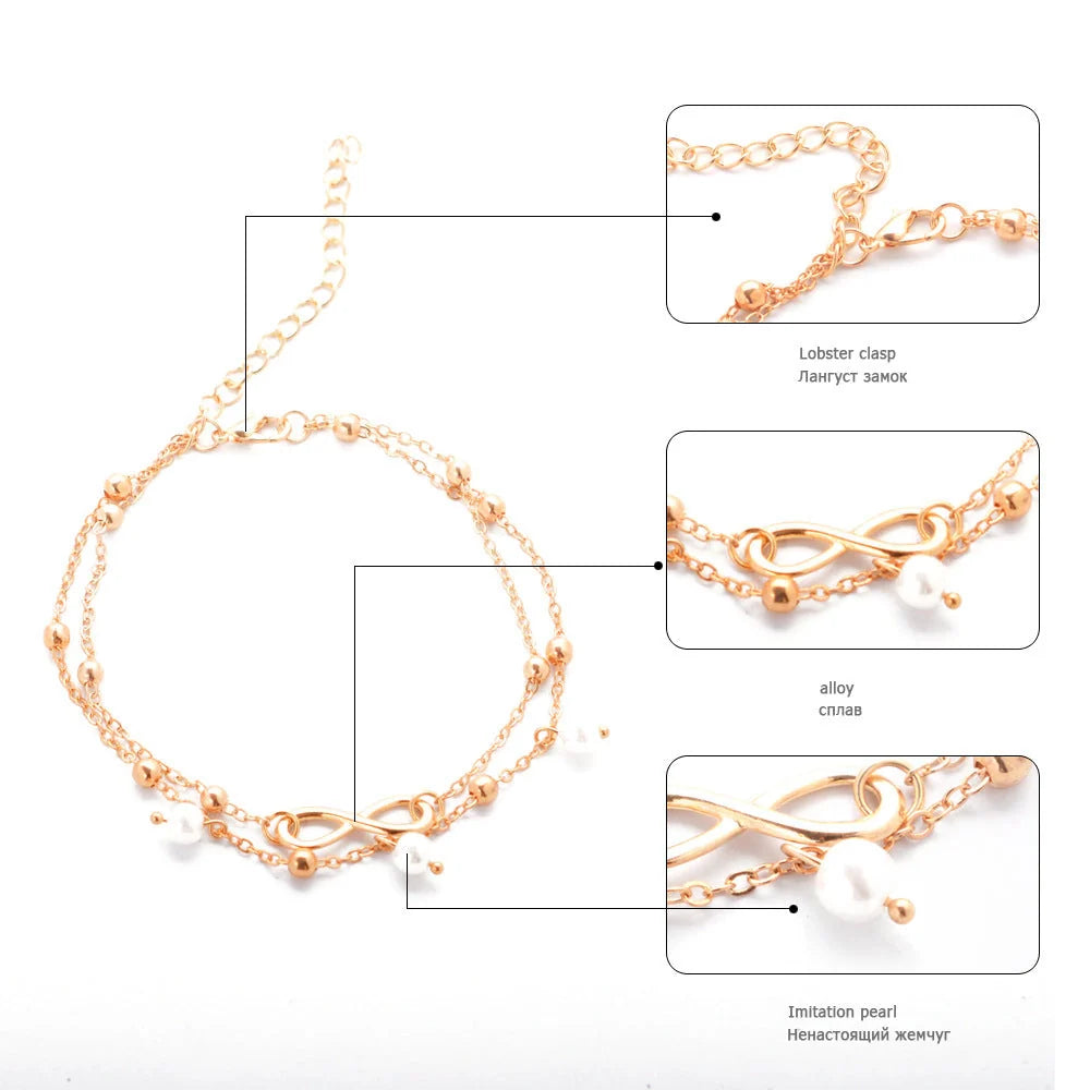 Women's alloy anklet with unique 8-shaped double-layer pearls in gold and silver options