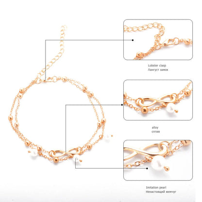 Women's alloy anklet with unique 8-shaped double-layer pearls in gold and silver options
