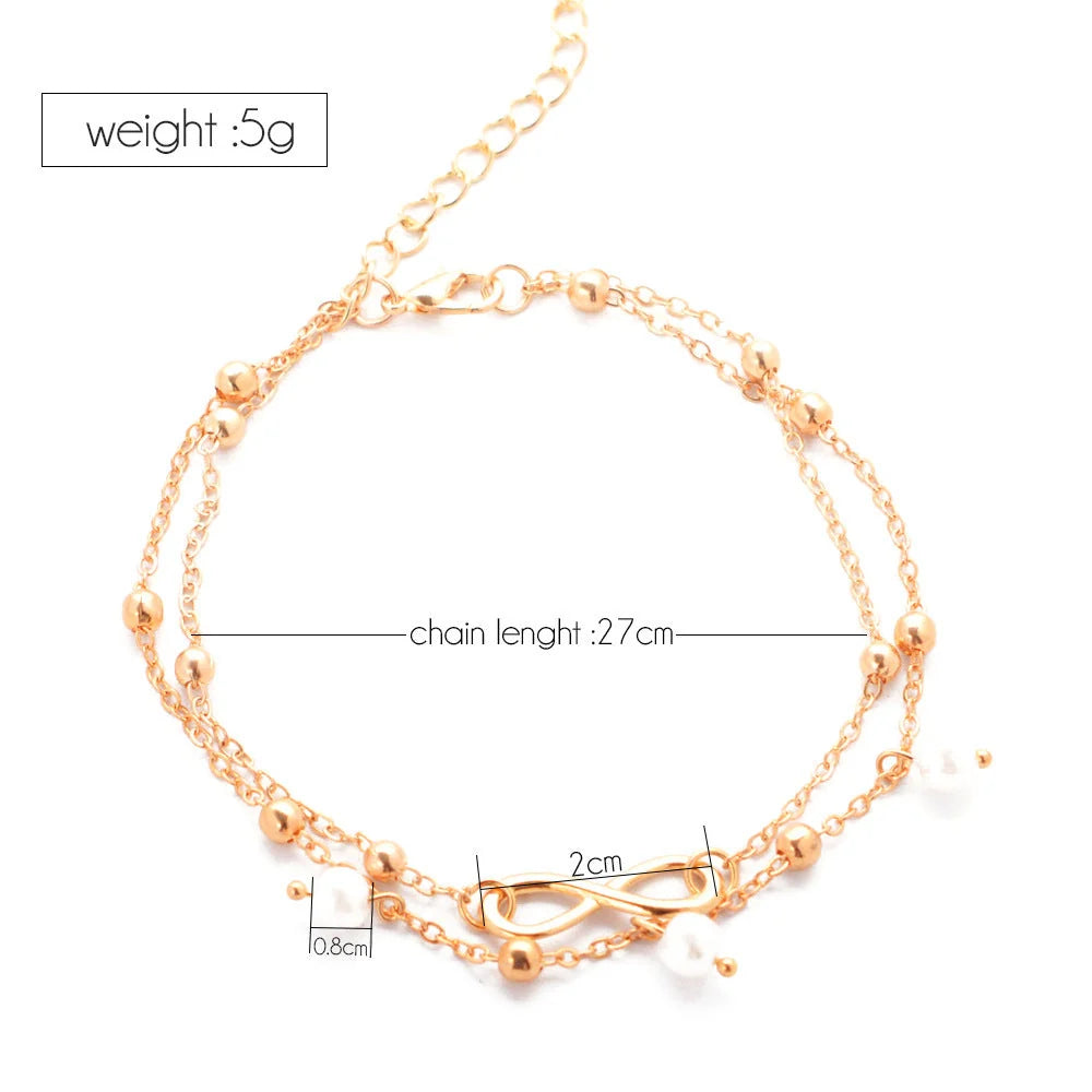 Women's alloy anklet with unique 8-shaped double-layer pearls in gold and silver options