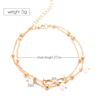 Women's alloy anklet with unique 8-shaped double-layer pearls in gold and silver options