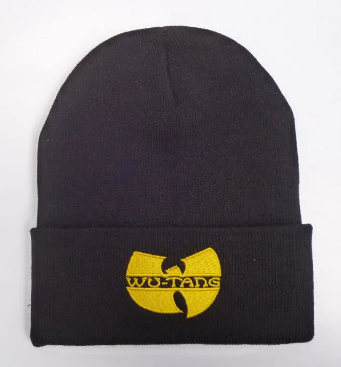 Knitted woolen adjustable street dance cap in yellow with printed words, dome top, no eaves, warp knit