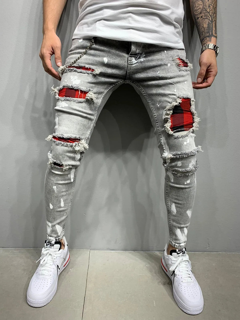 Men's cotton paint jeans in black, blue, and grey, available in multiple sizes from S to 3XL