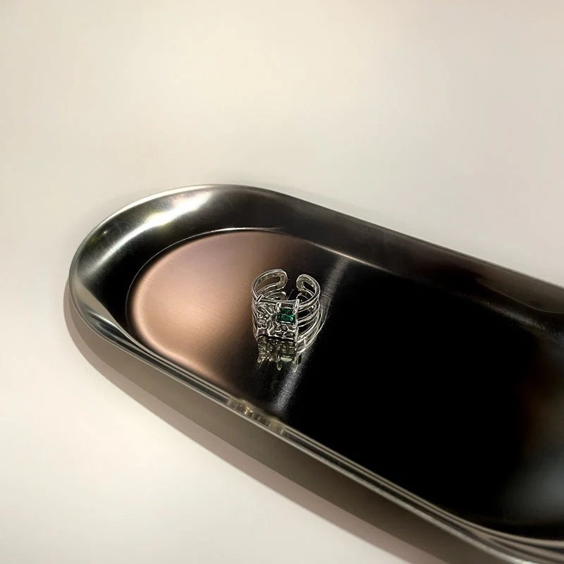 Vintage square dark green diamond S925 sterling silver adjustable ring with geometric design