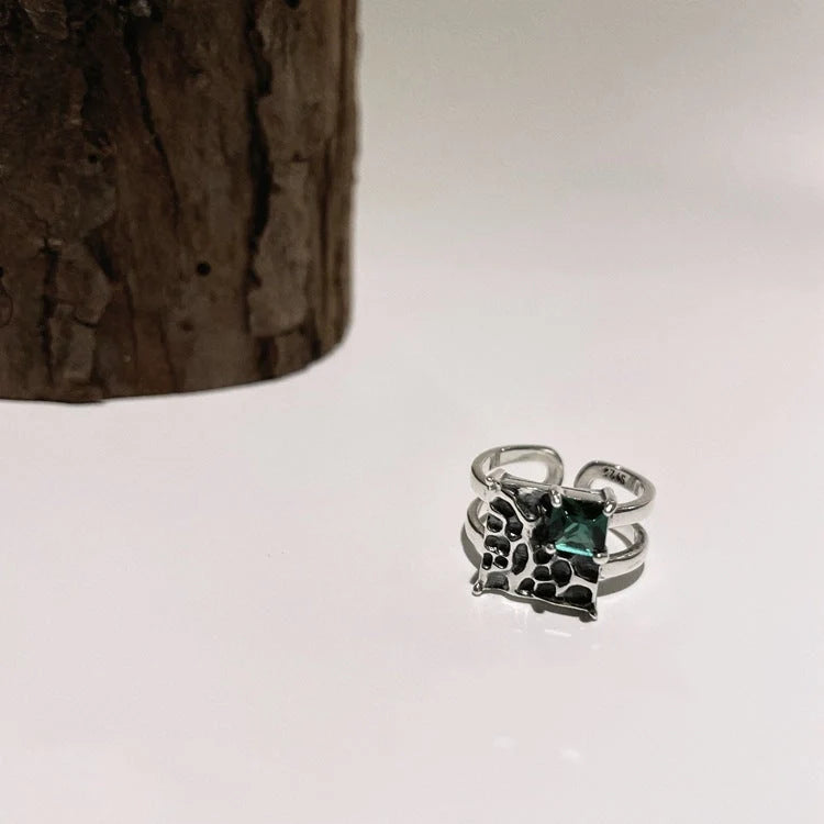 Vintage square dark green diamond S925 sterling silver adjustable ring with geometric design