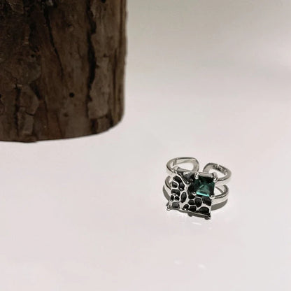 Vintage square dark green diamond S925 sterling silver adjustable ring with geometric design