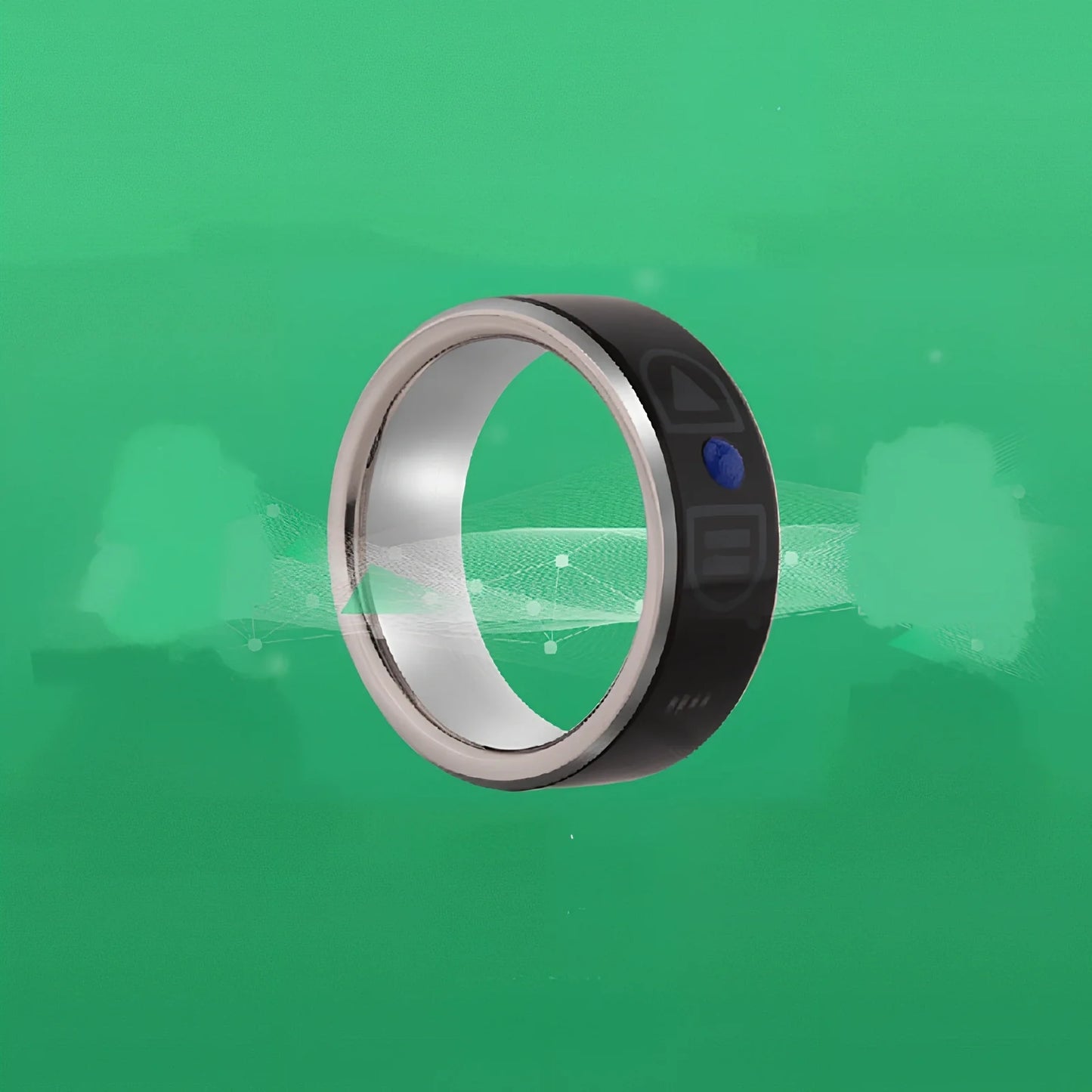 Smart Bluetooth ring wearable device showing seven size options from 52mm to 75mm circumference with NFC function
