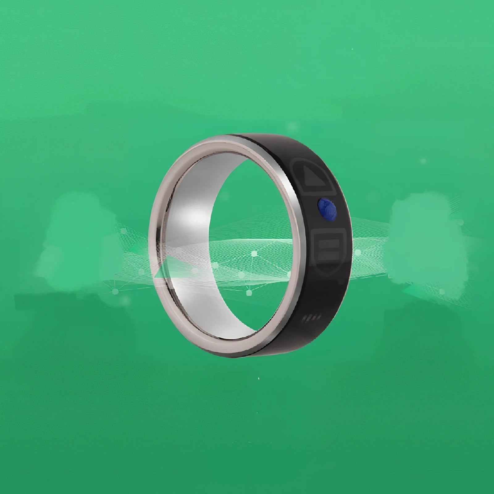 Smart Bluetooth ring wearable device showing seven size options from 52mm to 75mm circumference with NFC function