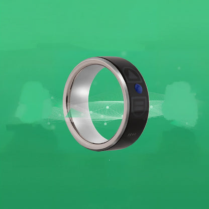 Smart Bluetooth ring wearable device showing seven size options from 52mm to 75mm circumference with NFC function
