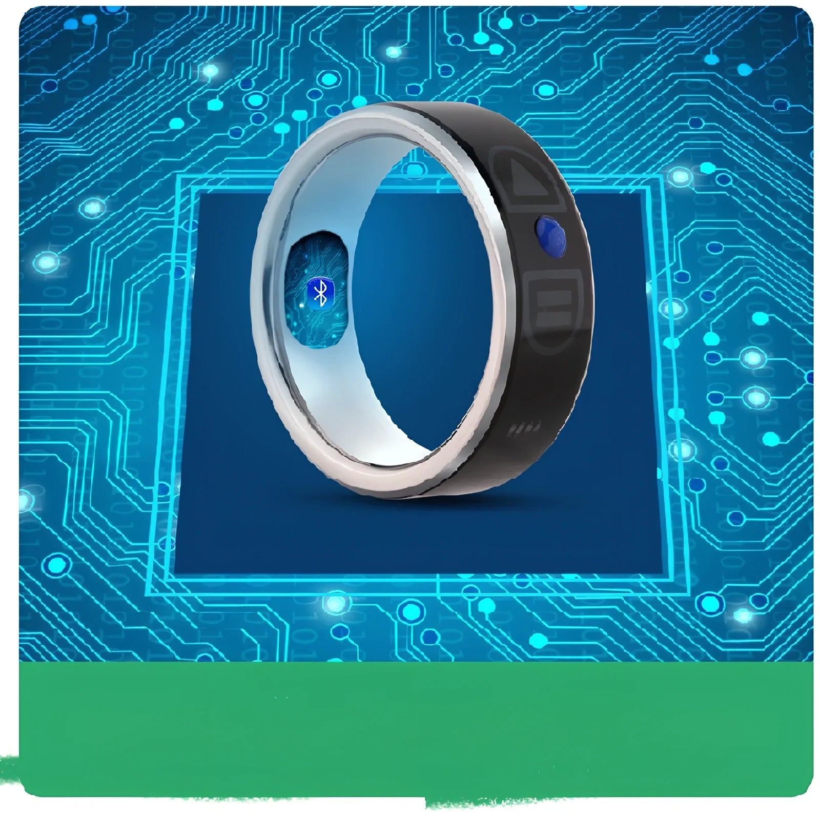 Smart Bluetooth ring wearable device showing seven size options from 52mm to 75mm circumference with NFC function