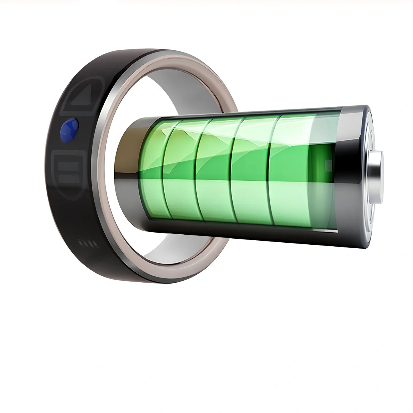 Smart Bluetooth ring wearable device showing seven size options from 52mm to 75mm circumference with NFC function