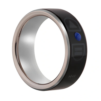 Smart Bluetooth ring wearable device showing seven size options from 52mm to 75mm circumference with NFC function