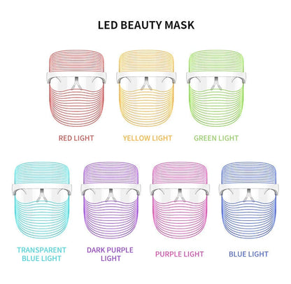 7 Colour LED Mask for skin rejuvenation with red, blue, and yellow light therapy options