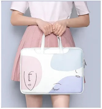 Blue PU leather laptop bag for girls with a zipper and soft handle, sized for 15.6-inch notebooks.