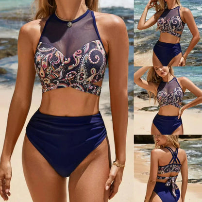 Women's split swimsuit with deep V-neck, chiffon patchwork, and high-waist briefs in floral pattern