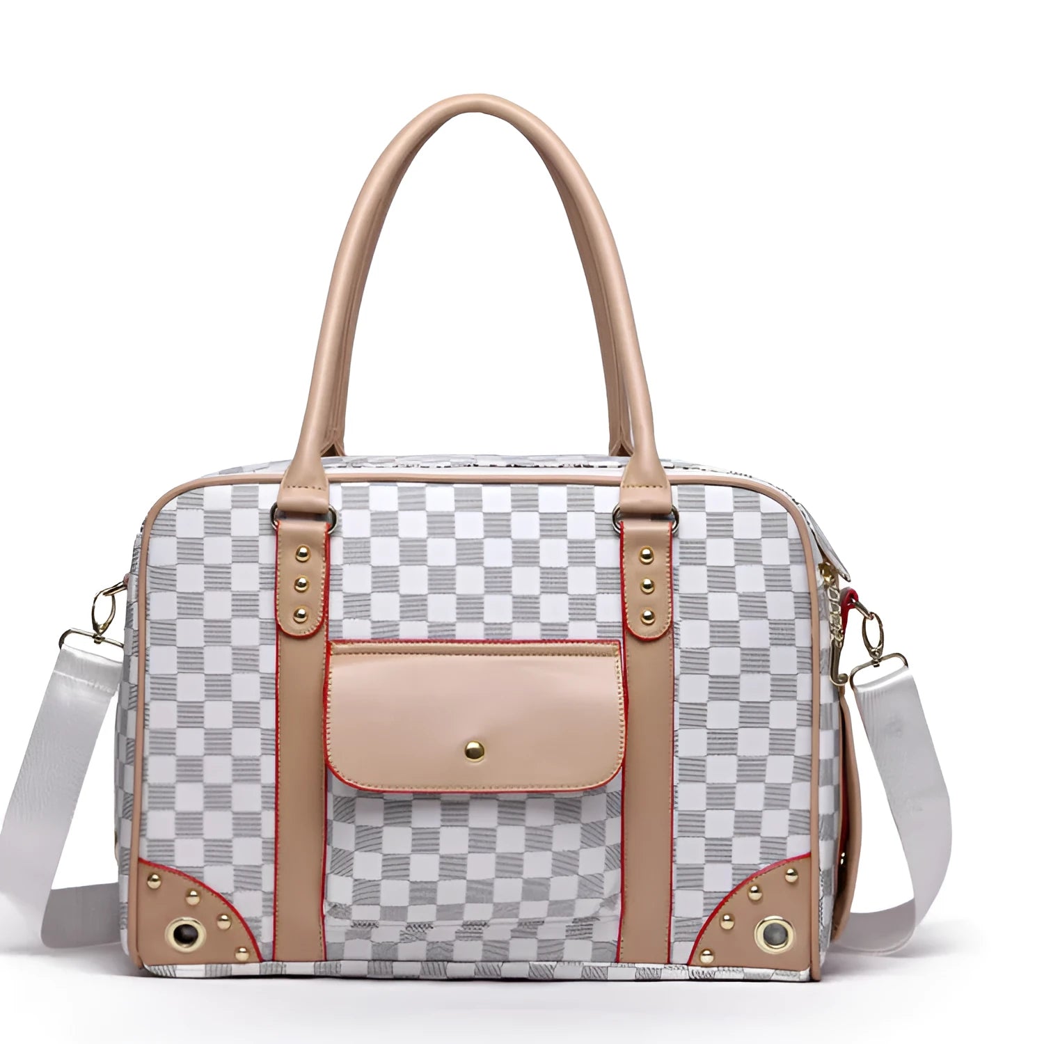 Small blue nylon soft sided pet carrier with mesh panels and carry handle, airline approved size