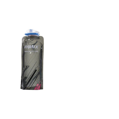 Collapsible outdoor water bottle with carabiner in blue, white, and black colors