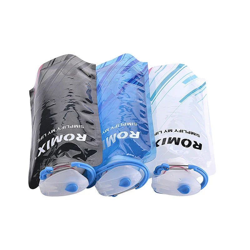 Collapsible outdoor water bottle with carabiner in blue, white, and black colors