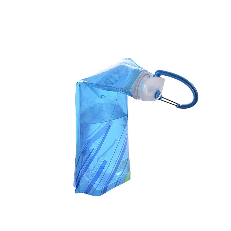 Collapsible outdoor water bottle with carabiner in blue, white, and black colors