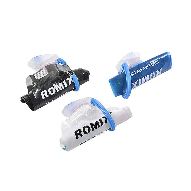 Collapsible outdoor water bottle with carabiner in blue, white, and black colors