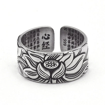 Vintage silver plated Prajna Paramita Heart Sutra lotus ring with adjustable opening