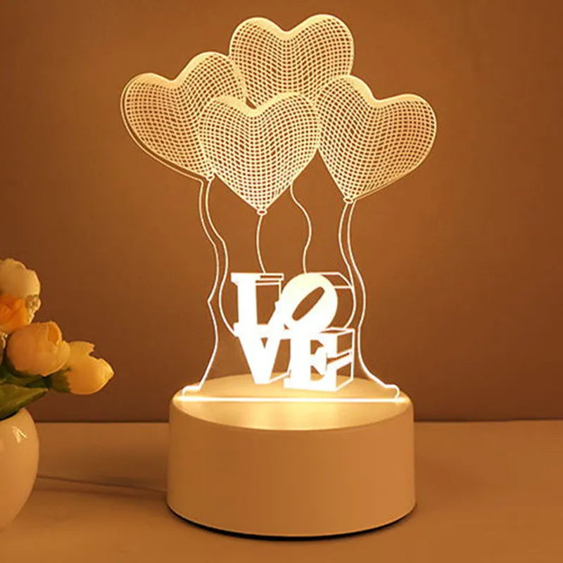 3D acrylic USB LED night light with warm white illumination and projection function in a love balloon style