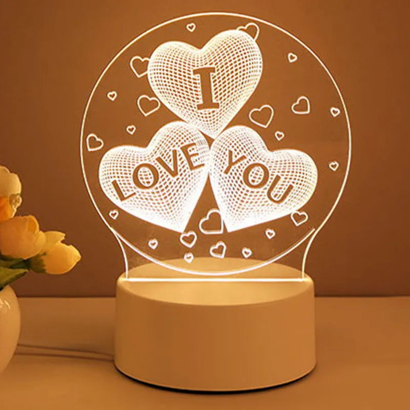 3D acrylic USB LED night light with warm white illumination and projection function in a love balloon style