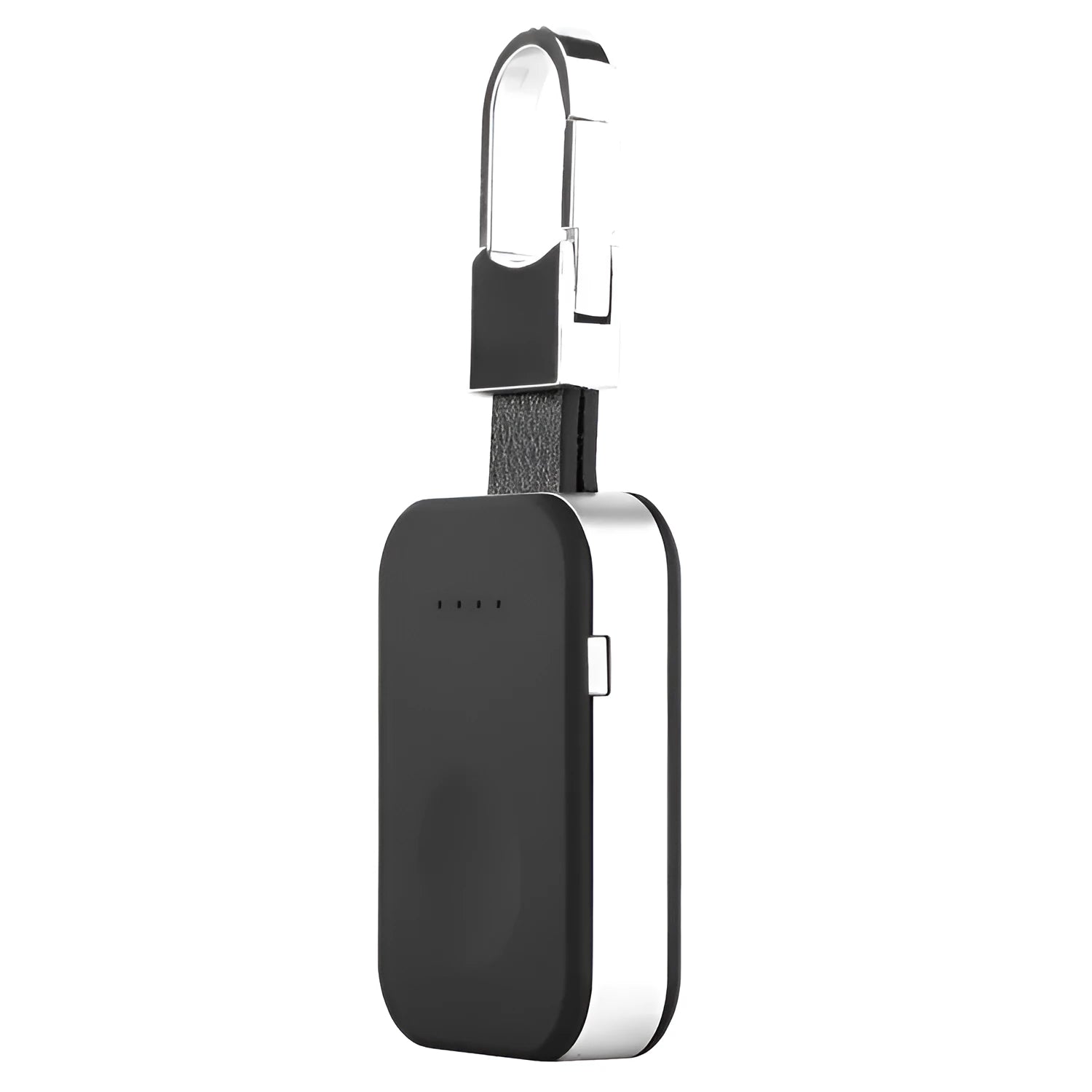 Black portable wireless power bank keychain for charging Apple Watch on a keyring.