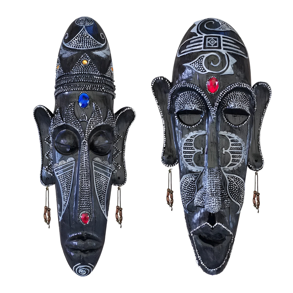 Aqumotic large African tribal mask wall decor in black resin, 14 inches tall