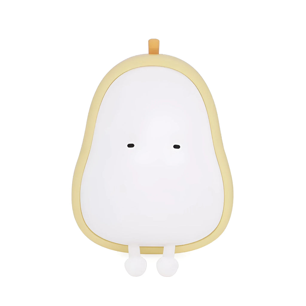 Soft white silicone pear-shaped night light with a warm yellow glow on a wooden surface.