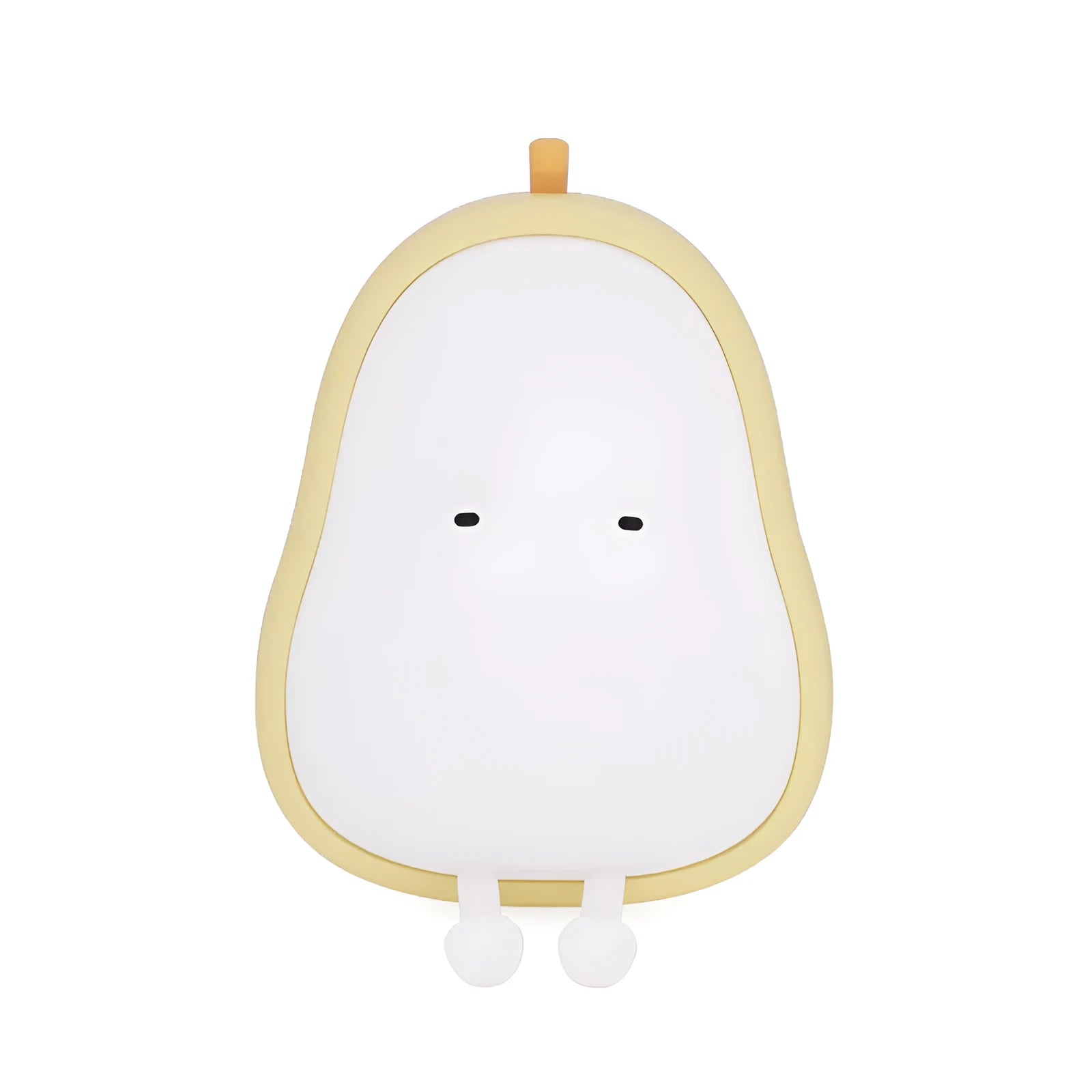 Soft white silicone pear-shaped night light with a warm yellow glow on a wooden surface.