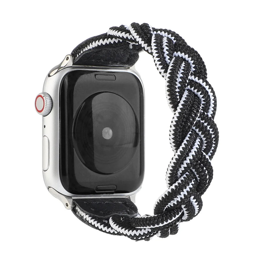 Braided single loop textile strap for Apple Watch on a wrist, shown in an army green colour.