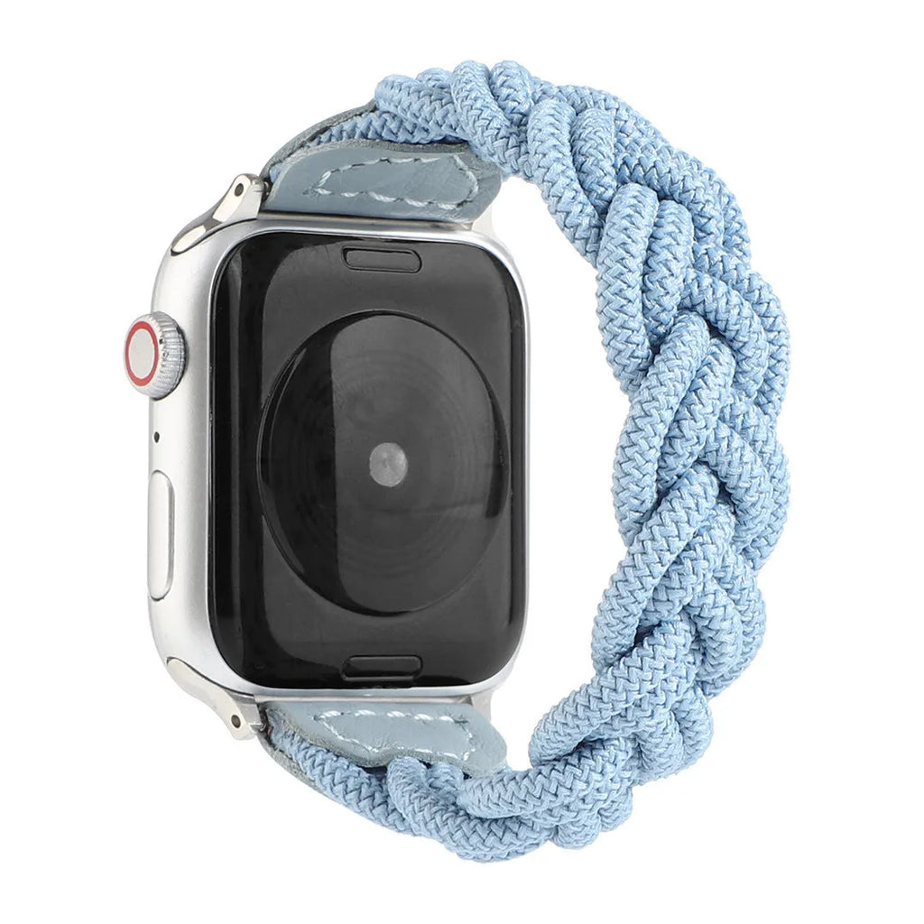 Braided single loop textile strap for Apple Watch on a wrist, shown in an army green colour.