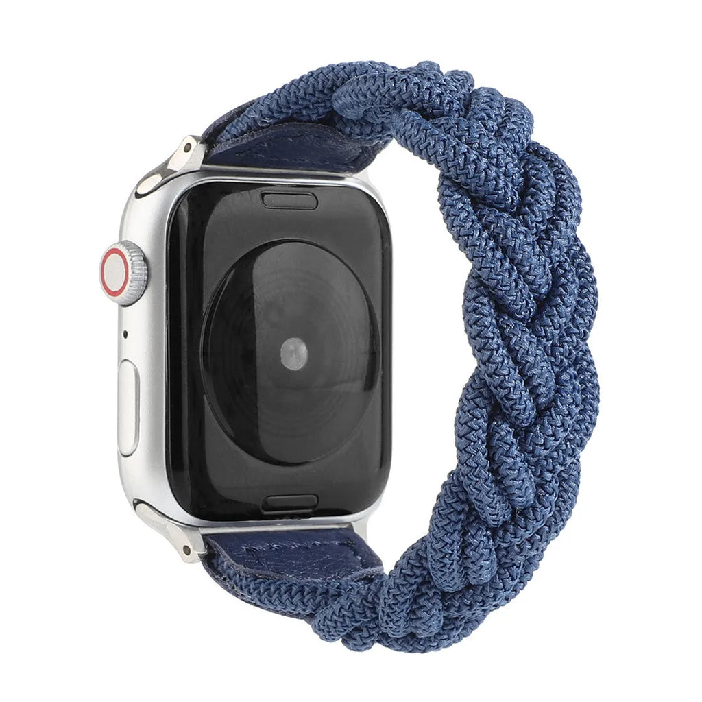 Braided single loop textile strap for Apple Watch on a wrist, shown in an army green colour.