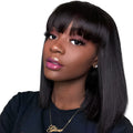 Unice 10 inch long black human hair wig with a synthetic lace front, displayed on a wig stand.