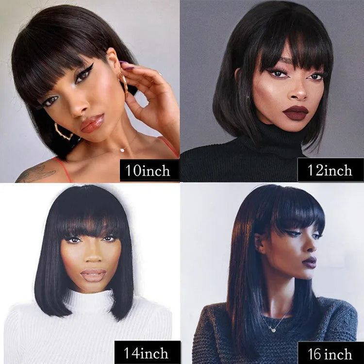 Unice 10 inch long black human hair wig with a synthetic lace front, displayed on a wig stand.