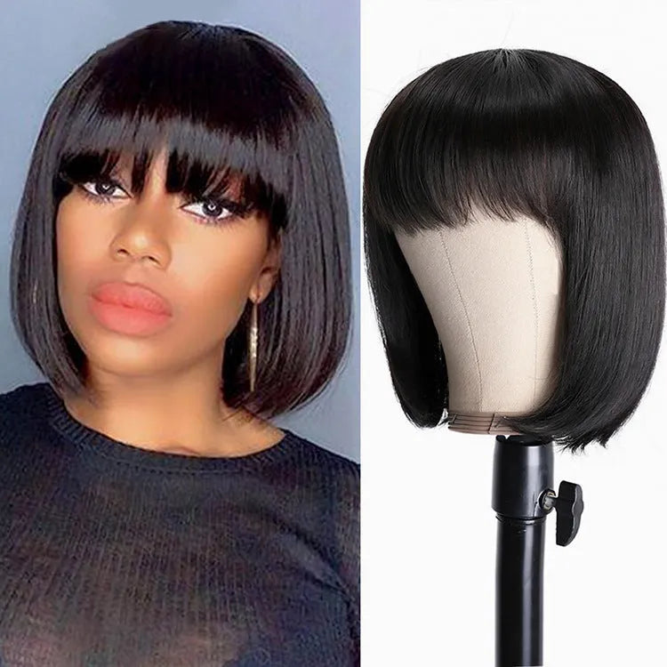 Unice 10 inch long black human hair wig with a synthetic lace front, displayed on a wig stand.