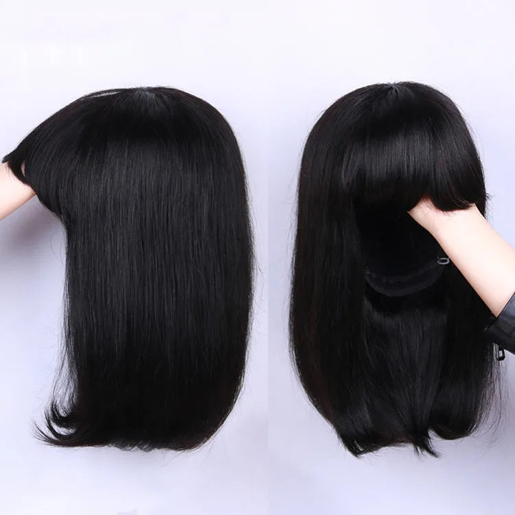 Unice 10 inch long black human hair wig with a synthetic lace front, displayed on a wig stand.