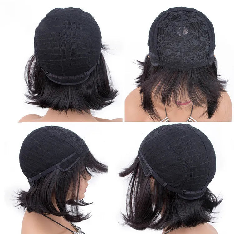 Unice 10 inch long black human hair wig with a synthetic lace front, displayed on a wig stand.