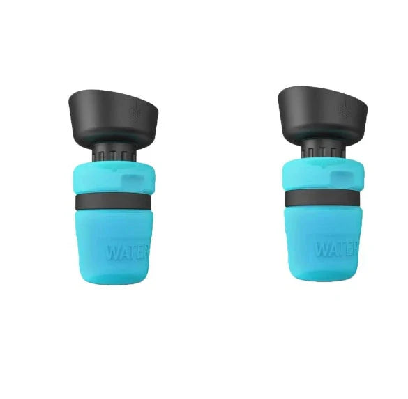 Foldable dog water bottle with integrated bowl in blue, rose red, and tiffany blue