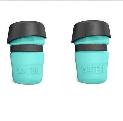 Foldable dog water bottle with integrated bowl in blue, rose red, and tiffany blue
