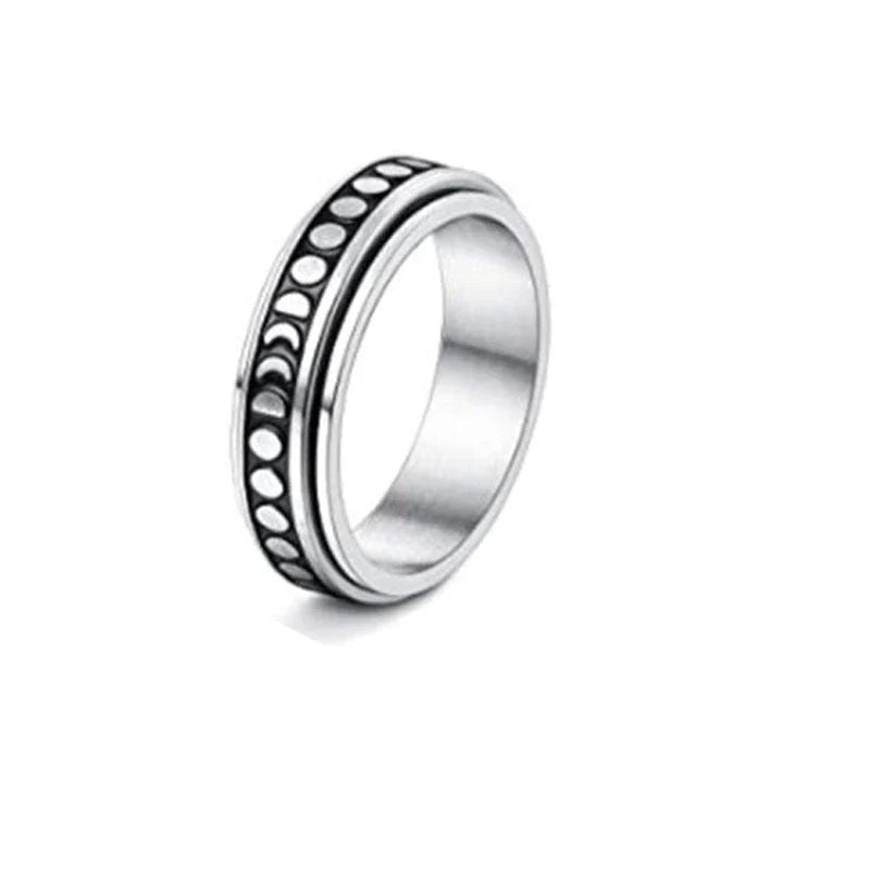 Stainless steel rotatable spinner ring with moon and stars design for stress relief
