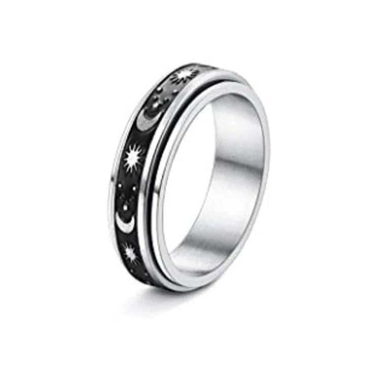 Stainless steel rotatable spinner ring with moon and stars design for stress relief