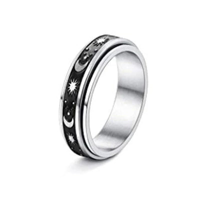 Stainless steel rotatable spinner ring with moon and stars design for stress relief