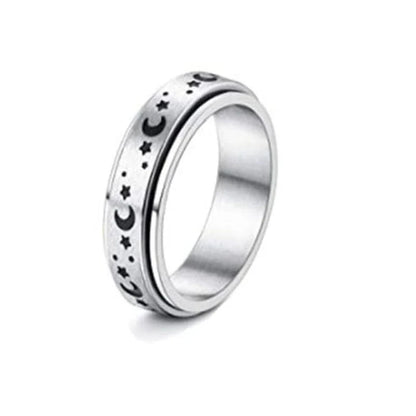Stainless steel rotatable spinner ring with moon and stars design for stress relief