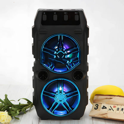 Portable blue wireless Bluetooth speaker with dual 3-inch drivers, 1200mA battery, TF card slot, up to 10m range and microphone input
